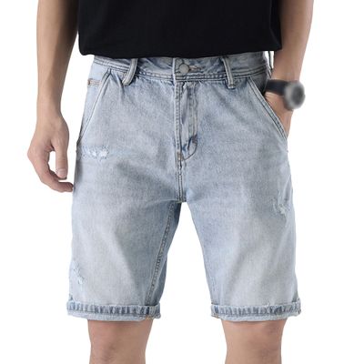Men's Vintage Straight Jean Shorts Hip-Hop Streetwear Distressed Denim Shorts Ripped Short Pants with Pockets (Blue,28)