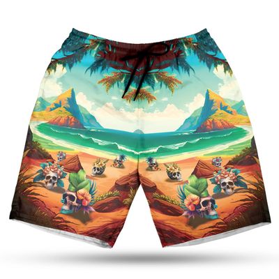 228CLOSET Skull Men's Swim Trunks - Tropical Island Hawaiian Shorts for Men, Men's Summer Bathing Shorts Set 09 Size Size 2XL