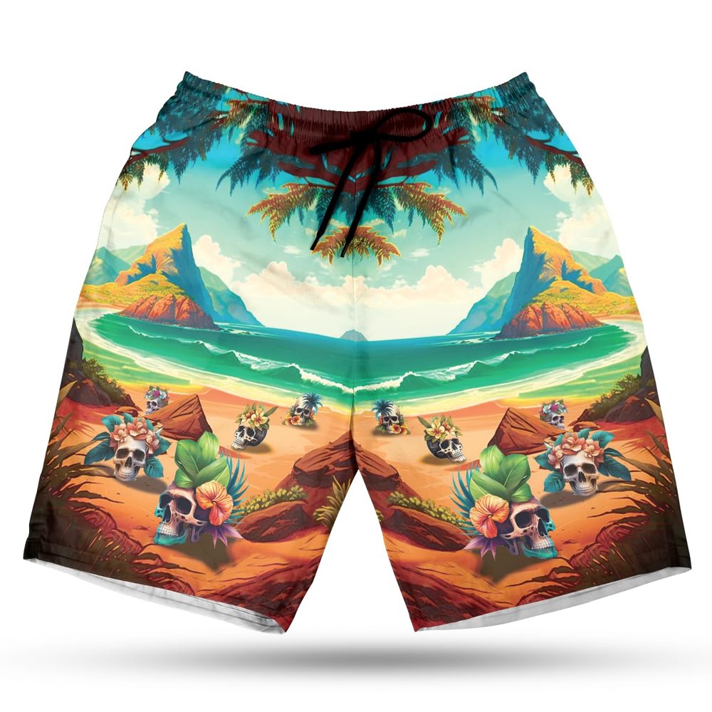 228CLOSET Skull Men's Swim Trunks - Tropical Island Hawaiian Shorts for Men, Men's Summer Bathing Shorts Set 09 Size Size 2XL