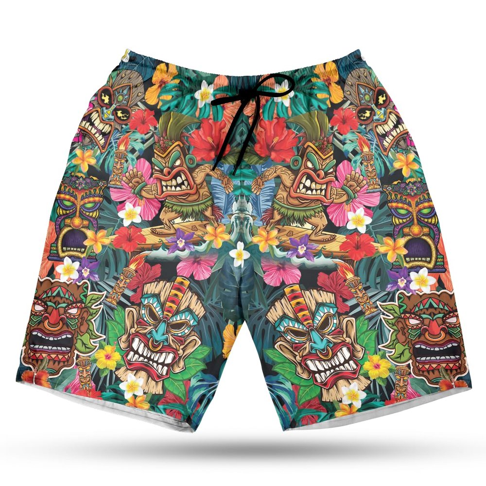Tiki Tribal Men's Swim Trunks - Tropical Summer Hawaiian Shorts for Men, Men's Summer Bathing Shorts Set 10 Size Size 4XL