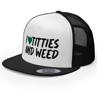 RIVEMUG I Love Titties and Weed Funny Premium Embroidered Trucker Hat Gag Gift Joke Flat Bill High Crown Funny Adjustable Cap Black/White/Black
