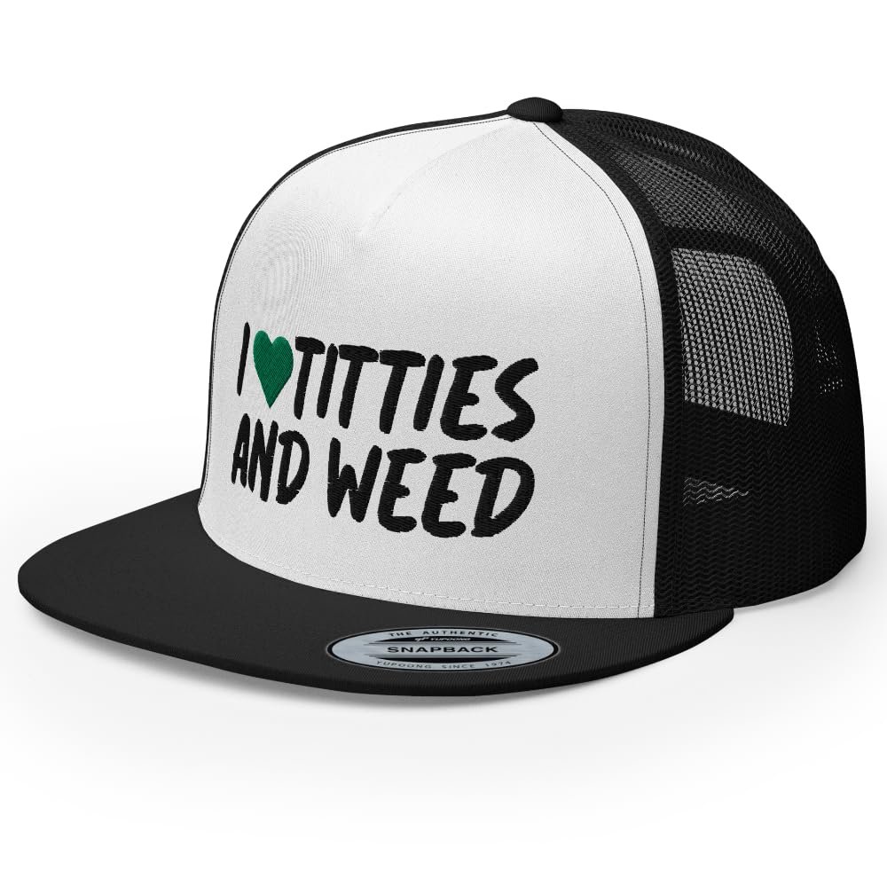 RIVEMUG I Love Titties and Weed Funny Premium Embroidered Trucker Hat Gag Gift Joke Flat Bill High Crown Funny Adjustable Cap Black/White/Black