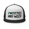 RIVEMUG I Love Titties and Weed Funny Premium Embroidered Trucker Hat Gag Gift Joke Flat Bill High Crown Funny Adjustable Cap Black/White/Black view 2