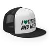 RIVEMUG I Love Titties and Weed Funny Premium Embroidered Trucker Hat Gag Gift Joke Flat Bill High Crown Funny Adjustable Cap Black/White/Black view 4