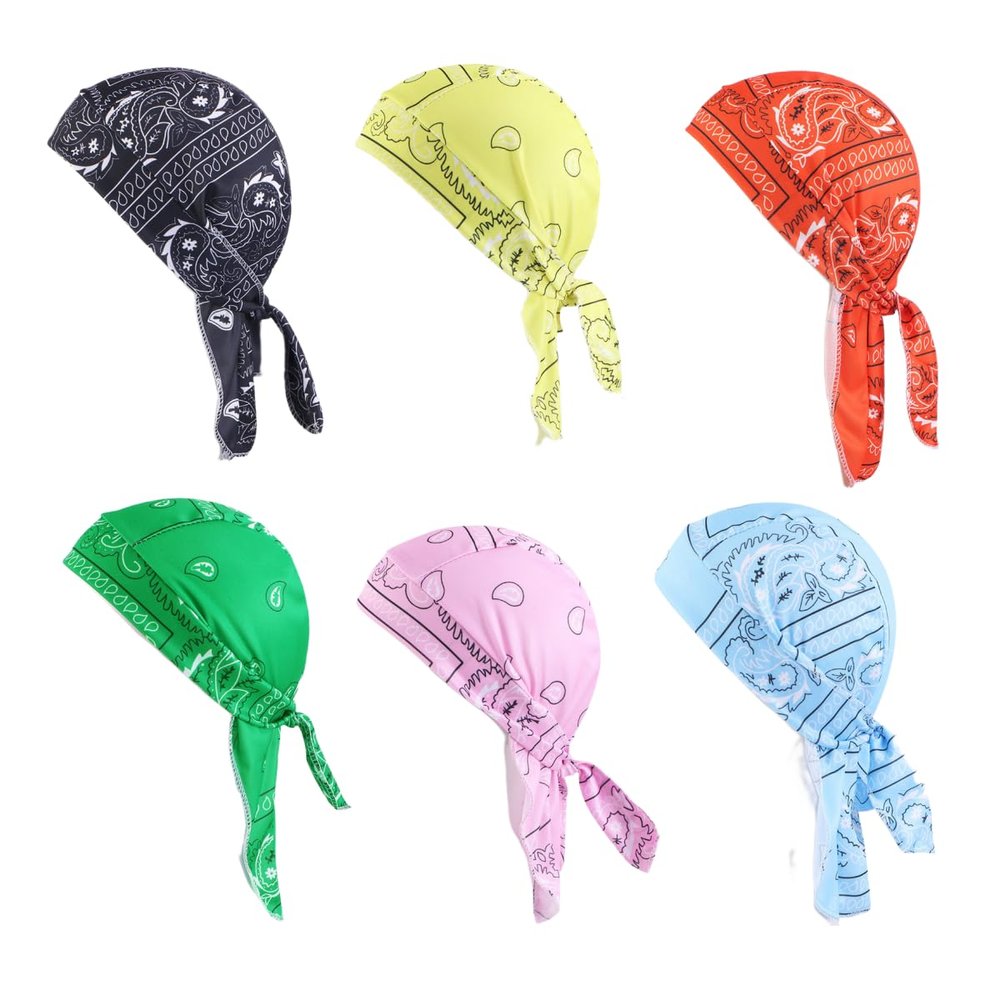 6 Pieces Sweat Wicking Bandana Hat for Men Women Stretchy Paisley Rags Durag Beanie Cap Skull Cap Head Wrap (Black)