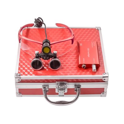 Portable Headlamp 5W Yellow Filter with Glasses Clip + 3.5X 420mm Magnification Binocular Loupes Magnifier Aluminum Box (Red)