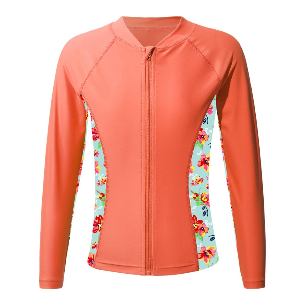 Moggemol Kids Girls UPF 50+ Zip Up Rashguard Shirt UV Protection Long Sleeve Swim Shirts Beachwear Coat Orange 6 Years