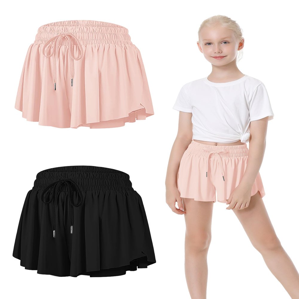2 Packs Girls Athletic Butterfly Shorts Flowy Shorts for Kids 2-in-1 Tennis Short for Workout(Black+Light Pink,X-Large)