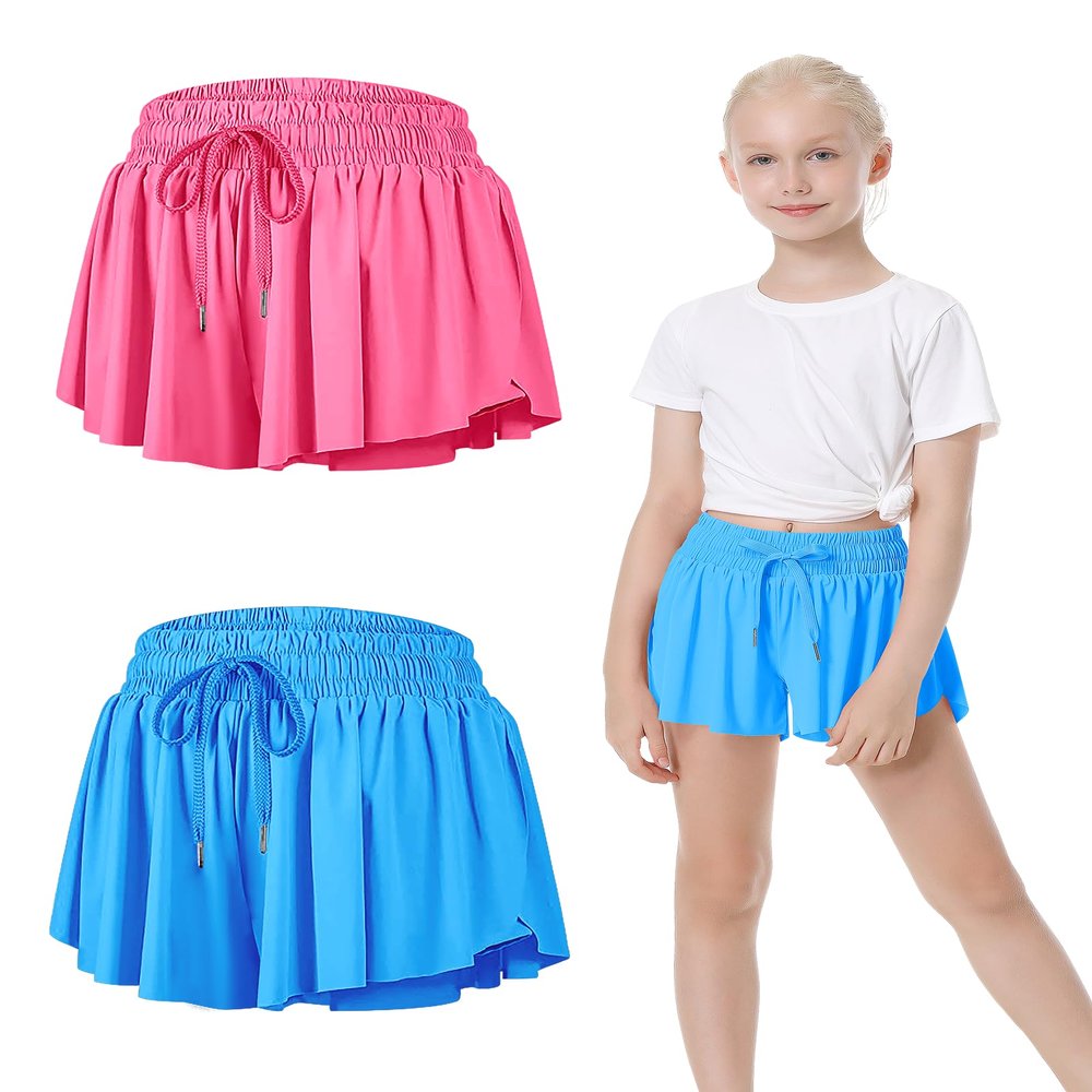 2 Packs Girls Athletic Butterfly Shorts Flowy Shorts for Kids 2-in-1 Tennis Short for Workout(Hot Pink+Light Blue,Large)