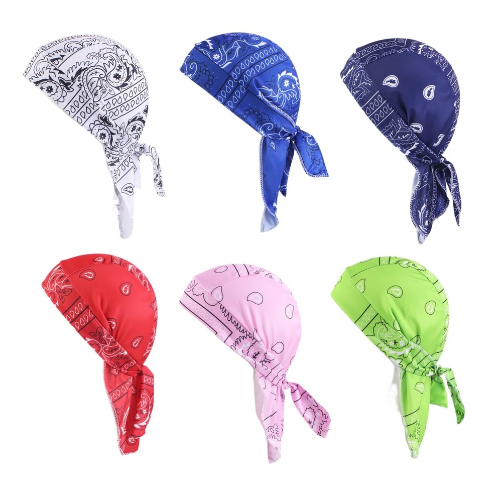 6 Pieces Sweat Wicking Bandana Hat for Men Women Stretchy Paisley Rags Durag Beanie Cap Skull Cap Head Wrap (White)