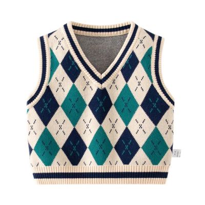 warmstraw Knitted School Uniform Sweater Vest Sweater Pullover Carton Pattern Soft Vest for Baby Boys Girls Plaid Pattern Beige 3-4 T