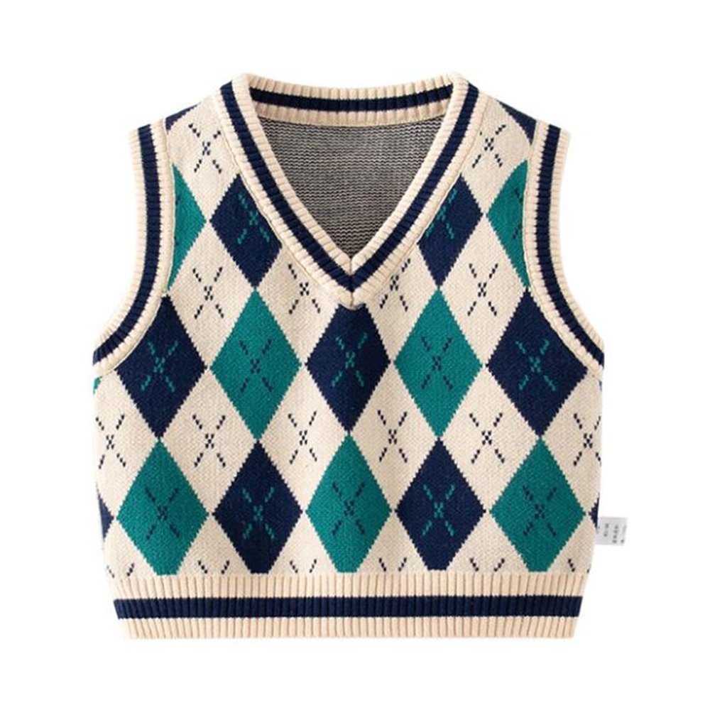 warmstraw Knitted School Uniform Sweater Vest Sweater Pullover Carton Pattern Soft Vest for Baby Boys Girls Plaid Pattern Beige 3-4 T