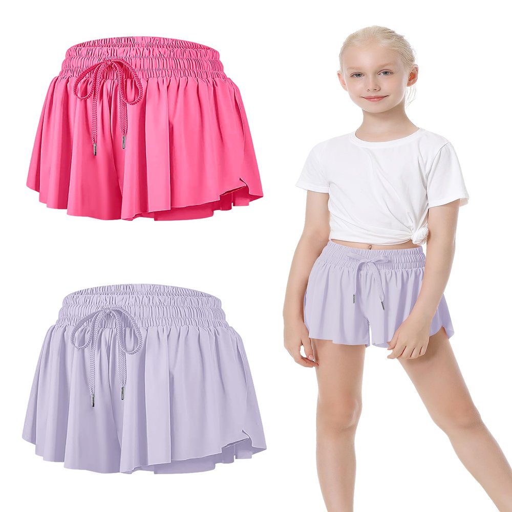 2 Packs Girls Athletic Butterfly Shorts Flowy Shorts for Kids 2-in-1 Tennis Short for Workout(Hot Pink+Light Purple,X-Large)