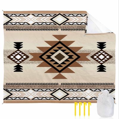 LEOKOTI Beige Brown Western Beach Blanket Waterproof Sandproof, Southwest Modern Geometric Abstract Art Lightweight Outdoor Picnic Blanket Portable Large Beach Mat for Travel/Camping/Hiking 118"x108"