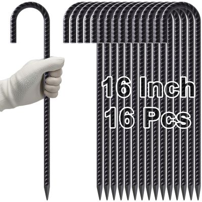 VVOKGO Rebar Stakes 16 Inches J Hook Heavy Duty Chain Link Fence Stakes, 16 Pcs Metal Long Tent Spikes Ground Anchors for Wire Fencing, Dogs Digging, Camping Tents, Swings, Greenhouse, Black