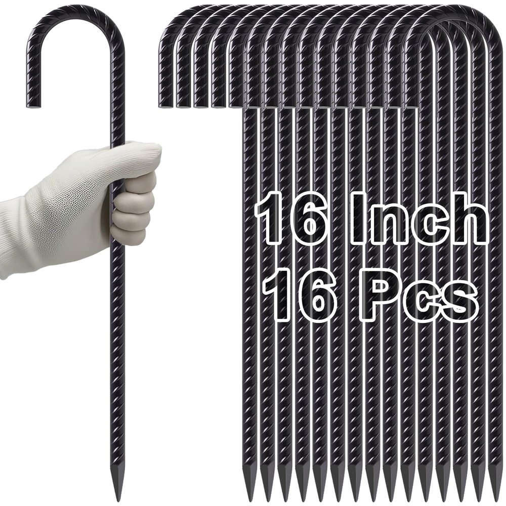 VVOKGO Rebar Stakes 16 Inches J Hook Heavy Duty Chain Link Fence Stakes, 16 Pcs Metal Long Tent Spikes Ground Anchors for Wire Fencing, Dogs Digging, Camping Tents, Swings, Greenhouse, Black