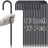 VVOKGO Rebar Stakes 16 Inches J Hook Heavy Duty Chain Link Fence Stakes, 16 Pcs Metal Long Tent Spikes Ground Anchors for Wire Fencing, Dogs Digging, Camping Tents, Swings, Greenhouse, Black view 1