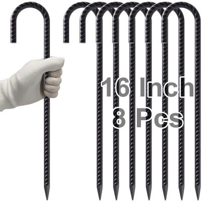 VVOKGO Rebar Stakes 16 Inches J Hook Heavy Duty Chain Link Fence Stakes, 8 Pcs Metal Long Tent Spikes Ground Anchors for Wire Fencing, Dogs Digging, Camping Tents, Swings, Greenhouse, Black