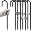 VVOKGO Rebar Stakes 16 Inches J Hook Heavy Duty Chain Link Fence Stakes, 8 Pcs Metal Long Tent Spikes Ground Anchors for Wire Fencing, Dogs Digging, Camping Tents, Swings, Greenhouse, Black view 1