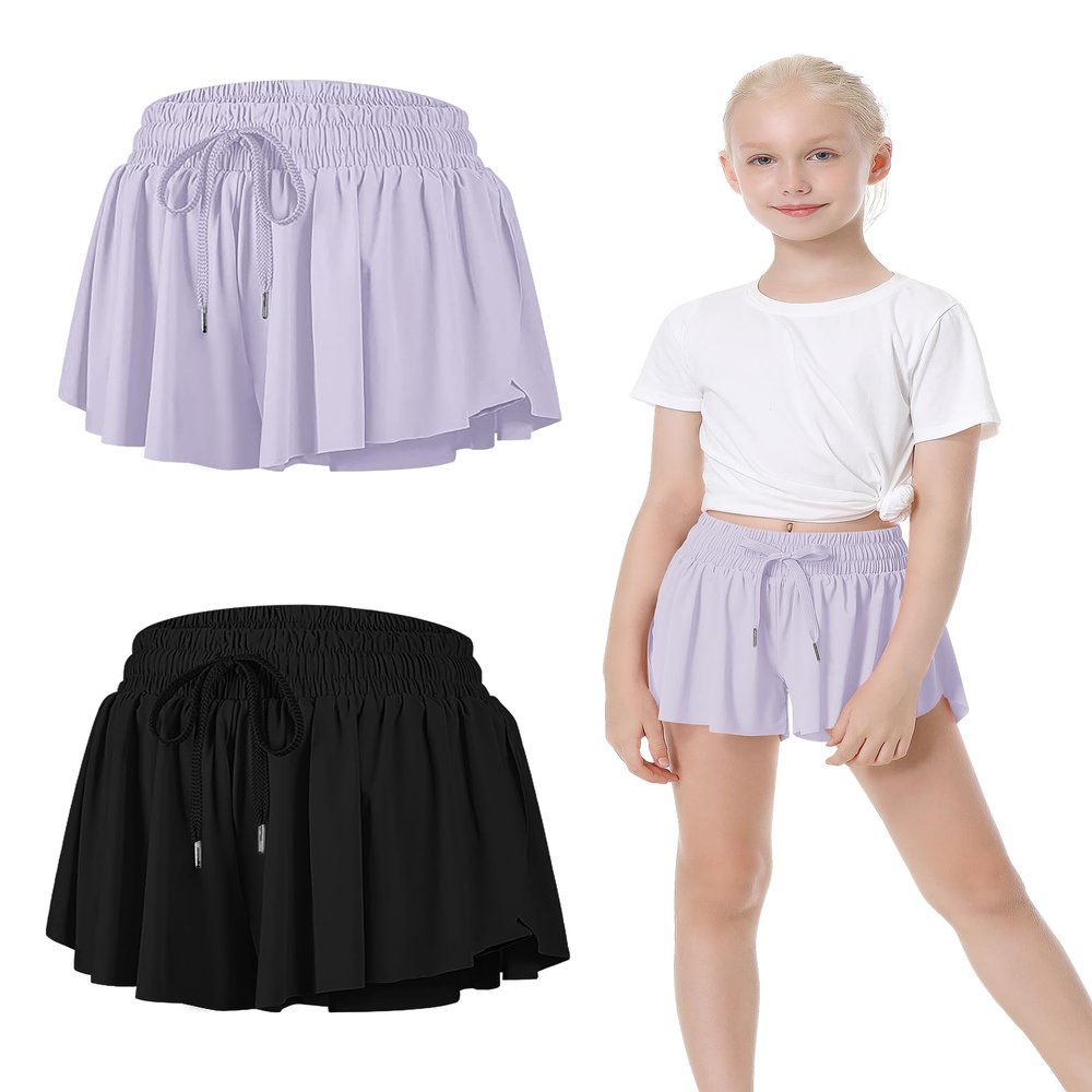 2 Packs Girls Athletic Butterfly Shorts Flowy Shorts for Kids 2-in-1 Tennis Short for Workout(Black+Light Purple,Small)