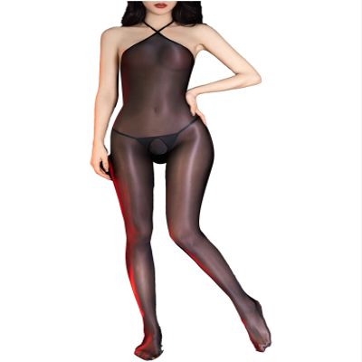 YiZYiF Women's Sheer Shiny Bodystocking One Piece Tights Zentai Bodysuit Lingerie Full Body Jumpsuit Black D One Size