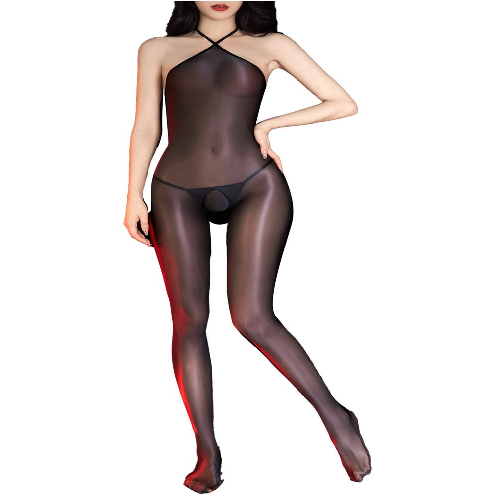 YiZYiF Women's Sheer Shiny Bodystocking One Piece Tights Zentai Bodysuit Lingerie Full Body Jumpsuit Black D One Size