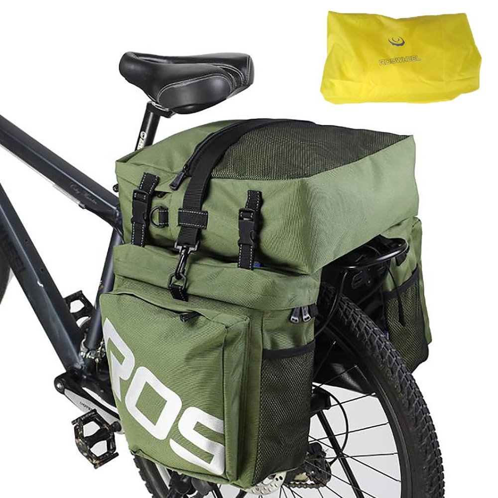 AWKSPORTS Bike Rear Rack Bag 37L Waterproof 3 in 1 Bike Panniers & Rack Trunks Saddle Shoulder Bag with Rain Cover for Cycling, Traveling (Army Green-with Rain Cover)