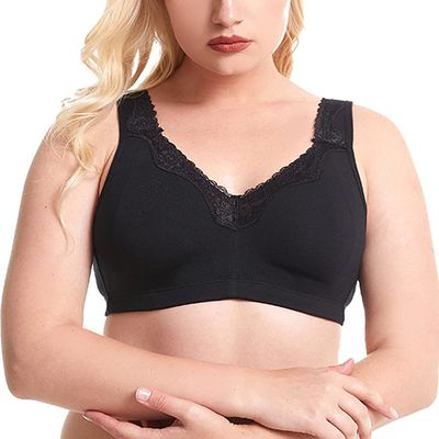 Women's Wireless Plus Size Lace Comfort Cotton Bra Full Coverage Unlined Minimizer Bra 36A Black