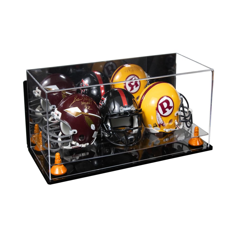 Better Display Cases Acrylic Three Mini - Miniature Football Helmets (not Full Size) Display Case with Mirror Case, Orange Risers, Clear Base and Wall Mount 19.25" x 8.25" x 8" (V47/A103)