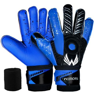 WEMORA Soccer Goalie Gloves Fingersave for Kids Youth Adults with 7.5MM Strong Grip Palm Flexible Finger Spines Goalkeeper Gloves (Blue, Size 4 Suitable for 6 to 9 Years Old, Ambidextrous)