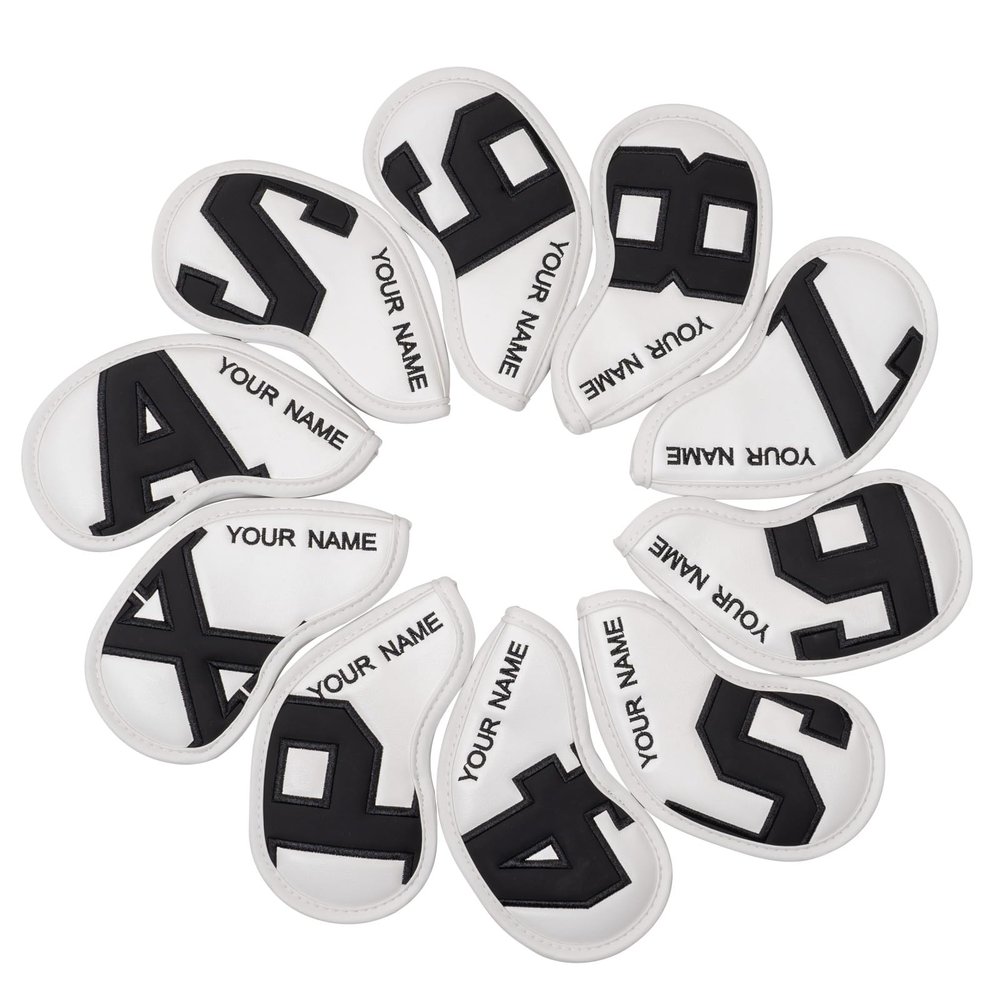 Craftsman Golf Personized Magnetic Iron Head Covers Headcovers White with Black Large No. with Name Stitched