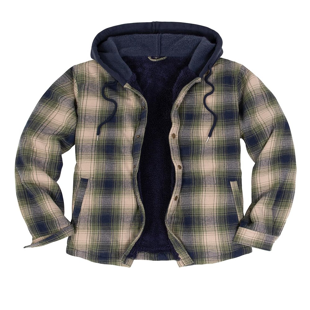 ZENTHACE Men's Sherpa Lined Flannel Jacket with Hood Fleece Lined Plaid Flannel Shirt Jackets Warm Shacket Coat Tea Green S
