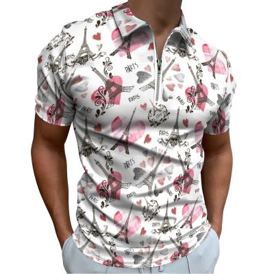 Paris - Eiffel Tower and A Heart Golf Polo Shirts for Men Short Sleeve T-Shirts Casual Slim Fit Tennis Shirt 2XL