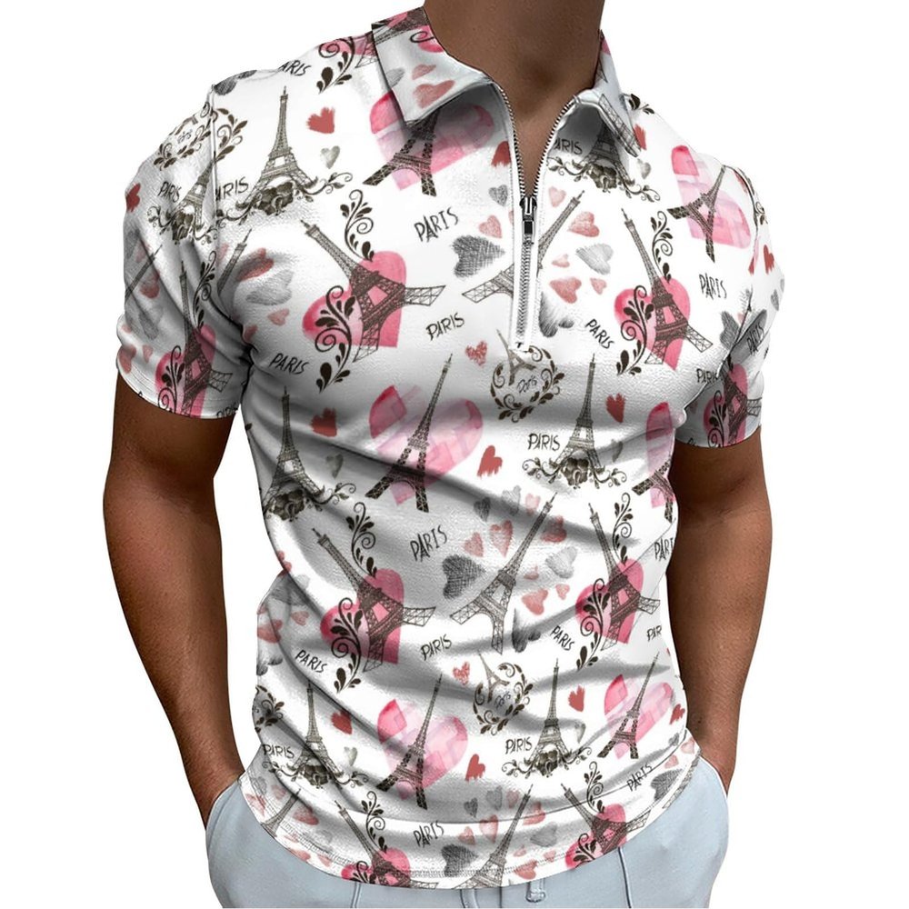 Paris - Eiffel Tower and A Heart Golf Polo Shirts for Men Short Sleeve T-Shirts Casual Slim Fit Tennis Shirt 2XL