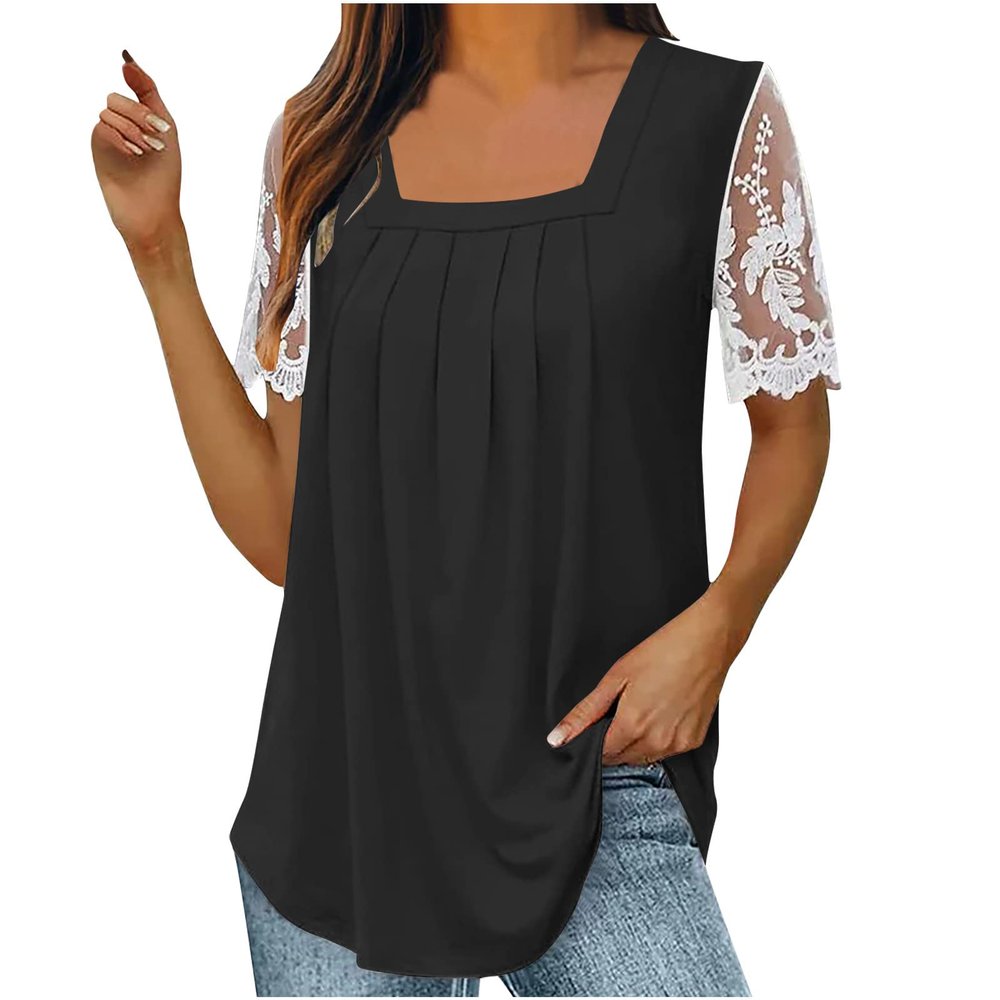 Womens Summer Tops Pleated Trendy Tunics Square Neck Lace Short Sleeve Tee Shirt Hide Belly Loose Casual Flowy Blouse Black