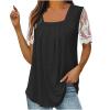 Womens Summer Tops Pleated Trendy Tunics Square Neck Lace Short Sleeve Tee Shirt Hide Belly Loose Casual Flowy Blouse Black view 1