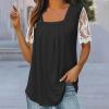 Womens Summer Tops Pleated Trendy Tunics Square Neck Lace Short Sleeve Tee Shirt Hide Belly Loose Casual Flowy Blouse Black view 2
