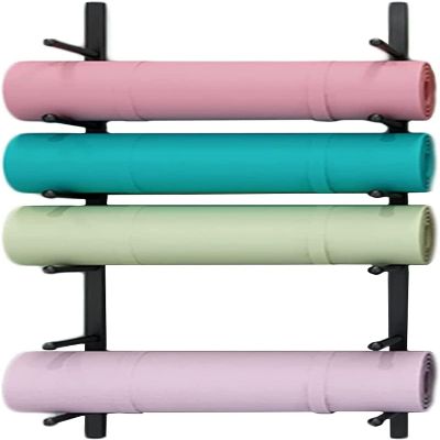 Bsetain Metal Yoga Mat Organizer Wall, Gold Yoga Roller Foam Rack/Workout Mats Holder with Long Hooks, Sport Pad Display Shelf for Home Gym, Hold 6 Mats (Color : White, Size : 103cm/40.6in)