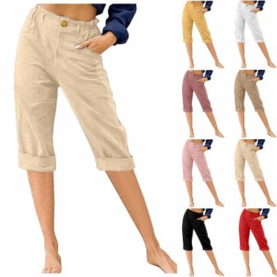 Capris for Women Casual Summer Plus Size, Linen Pants Women Summer 2025 Capris for Work Casual Cropped Trousers Solid Plain High Waist Straight Pant with Pockets Wide Leg Cotton Capri Leggings