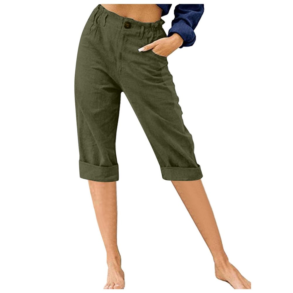 RKSTN Capri Pants for Women 2025, Linen Pants Women Summer 2025 Capris for Work Casual Cropped Trousers Solid Plain High Waist Straight Pant with Pockets Wide Leg Cotton Capri Leggings Army Green