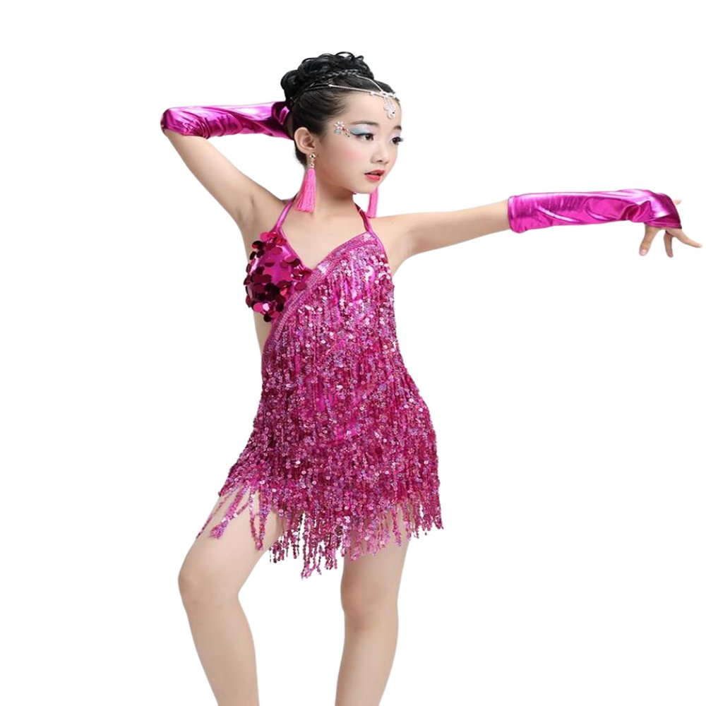 OTMYIGO Girls Sequin Fringe Latin Dress Latin Competition Costume Girls Salsa Dancing Tassel Competition Dress,Pink,170