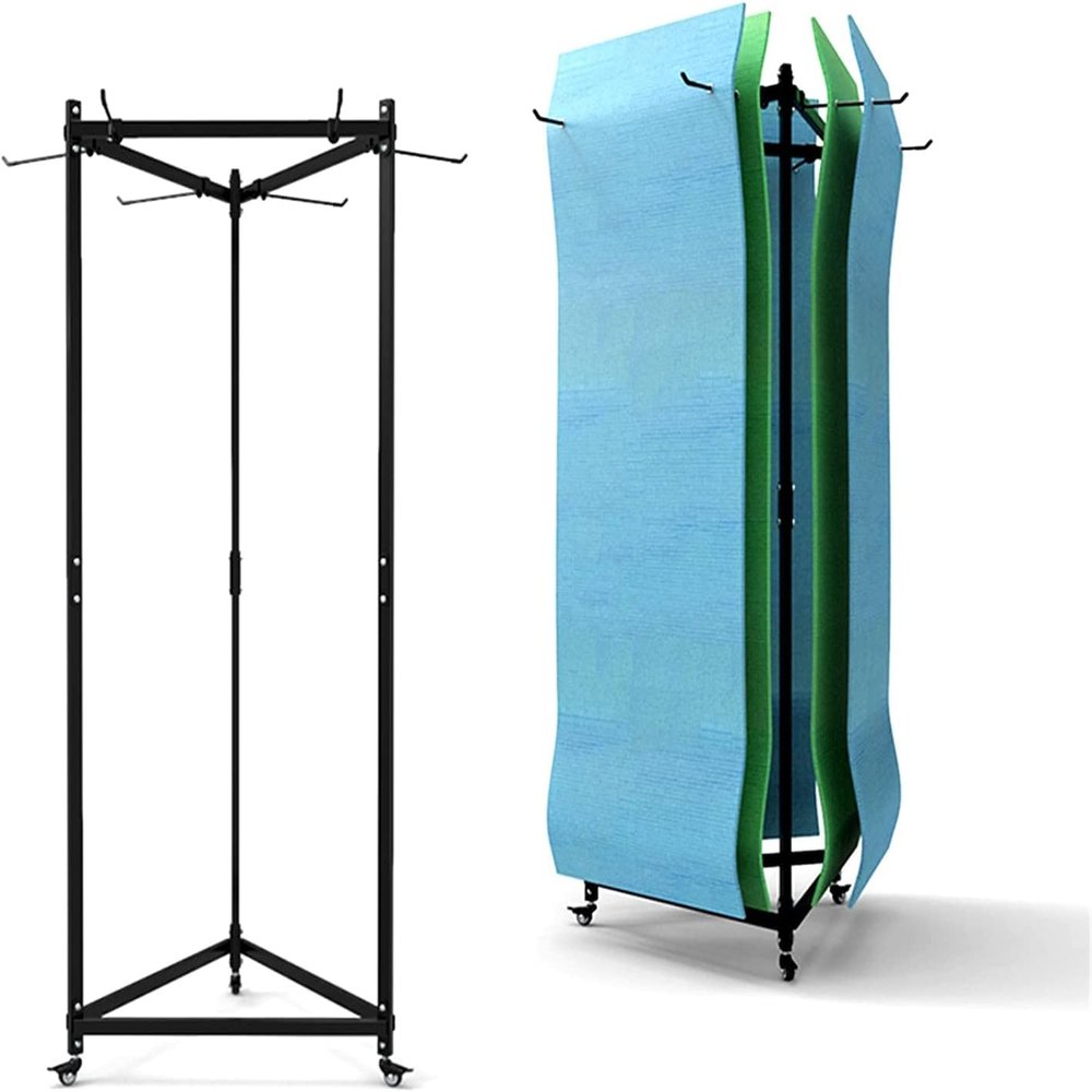 Bsetain Metal Black Foam Roller Display Stand Holder Three Sides Floorstand Hanging Yoga Mat Storage Cart with Wheels, for Yoga Studio & Gym