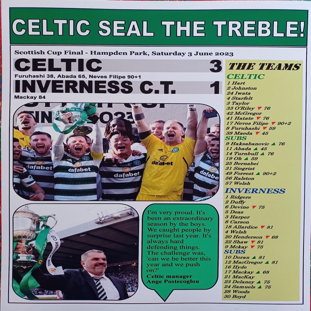 Celtic 3 Inverness Caledonian Thistle 1-2023 Scottish Cup final - Celtic treble - souvenir print