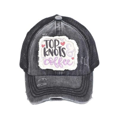 C.C Ponycap Messy High Bun Ponytail Adjustable Mesh Trucker Baseball Cap Hat, Criss Cross Patch Top Knots & Coffee, Black