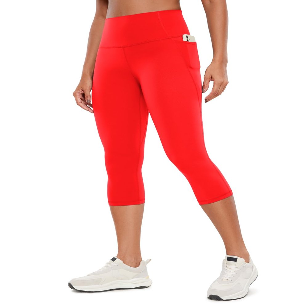 CRZ YOGA Womens Butterluxe Workout Capri Leggings with Pockets 19 Inches - High Waisted Crop Gym Yoga Pants Buttery Soft Dark Red X-Large
