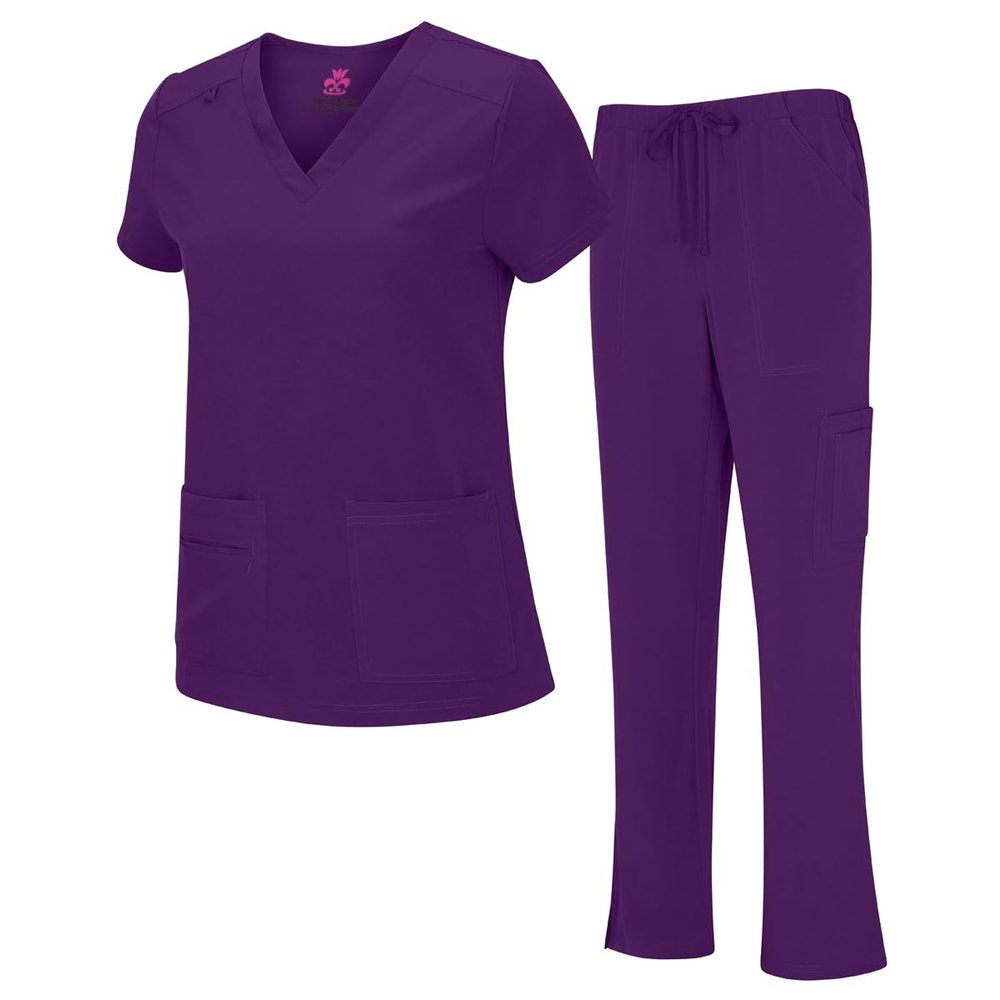 Natural Uniforms Women's Cool Stretch V-Neck Top and Cargo Pant Set (Eggplant, XX-Large)
