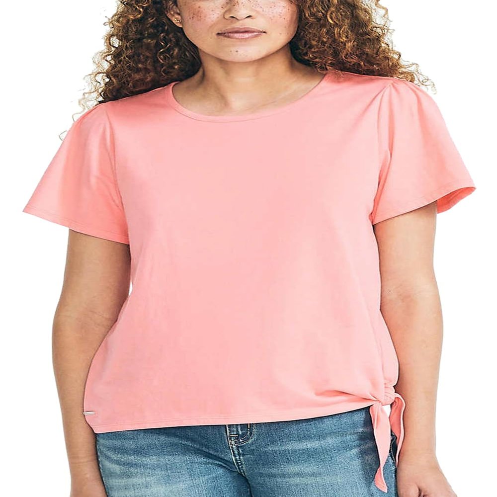 Nautica Women's Summer Crop Top Solid Short Sleeve Side-Tie Knot Tee T-Shirt - Pink X-Small