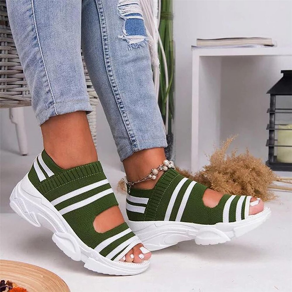 DEEBOW Women Knitting Open Toe Sandlas Anti-Slip Ladies Mesh Wedge Sandals Elastic Ankle Strap Comfy Sandals Summer Outdoor Sport Walking Sandals Sneakers Shoes,Green,US8/EU39