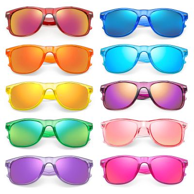 10 Pack Colored Sunglasses Clear Neon Frame Mirrored Lens Bulk Party Glasses Classic Eyewear Birthday Beach Pool Unisex Adults