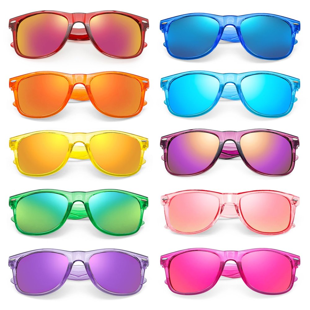 10 Pack Colored Sunglasses Clear Neon Frame Mirrored Lens Bulk Party Glasses Classic Eyewear Birthday Beach Pool Unisex Adults